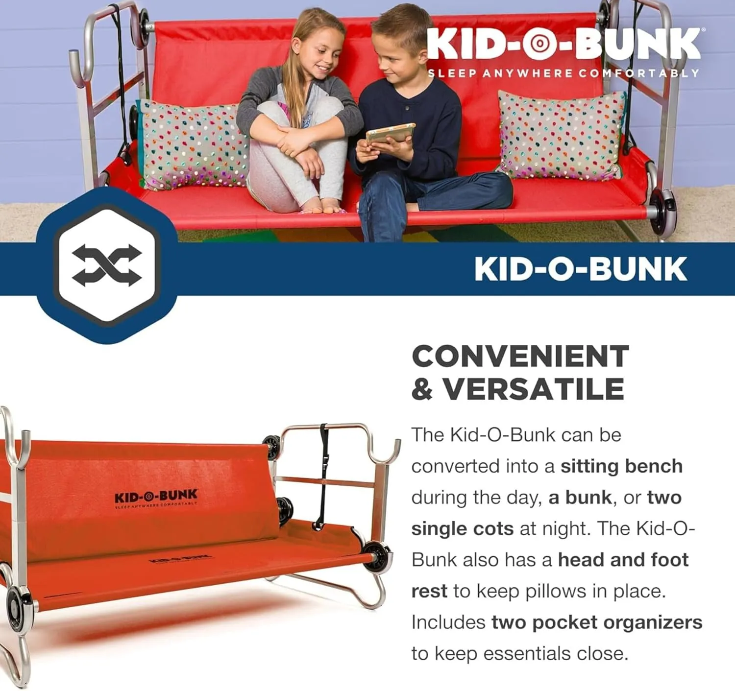 Disc-O-Bed Youth Double Cot Kid-O-Bunk, Modular for Bunk Beds, Dual Cots, or Bench with 2 Carry Bags for Portable Transport