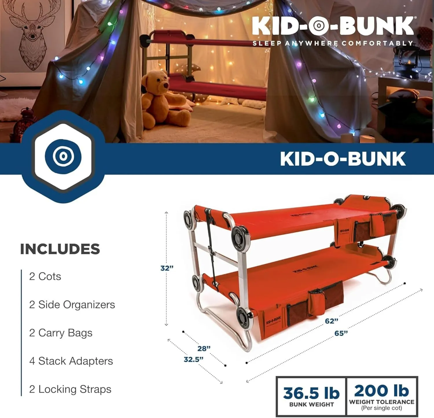 Disc-O-Bed Youth Double Cot Kid-O-Bunk, Modular for Bunk Beds, Dual Cots, or Bench with 2 Carry Bags for Portable Transport