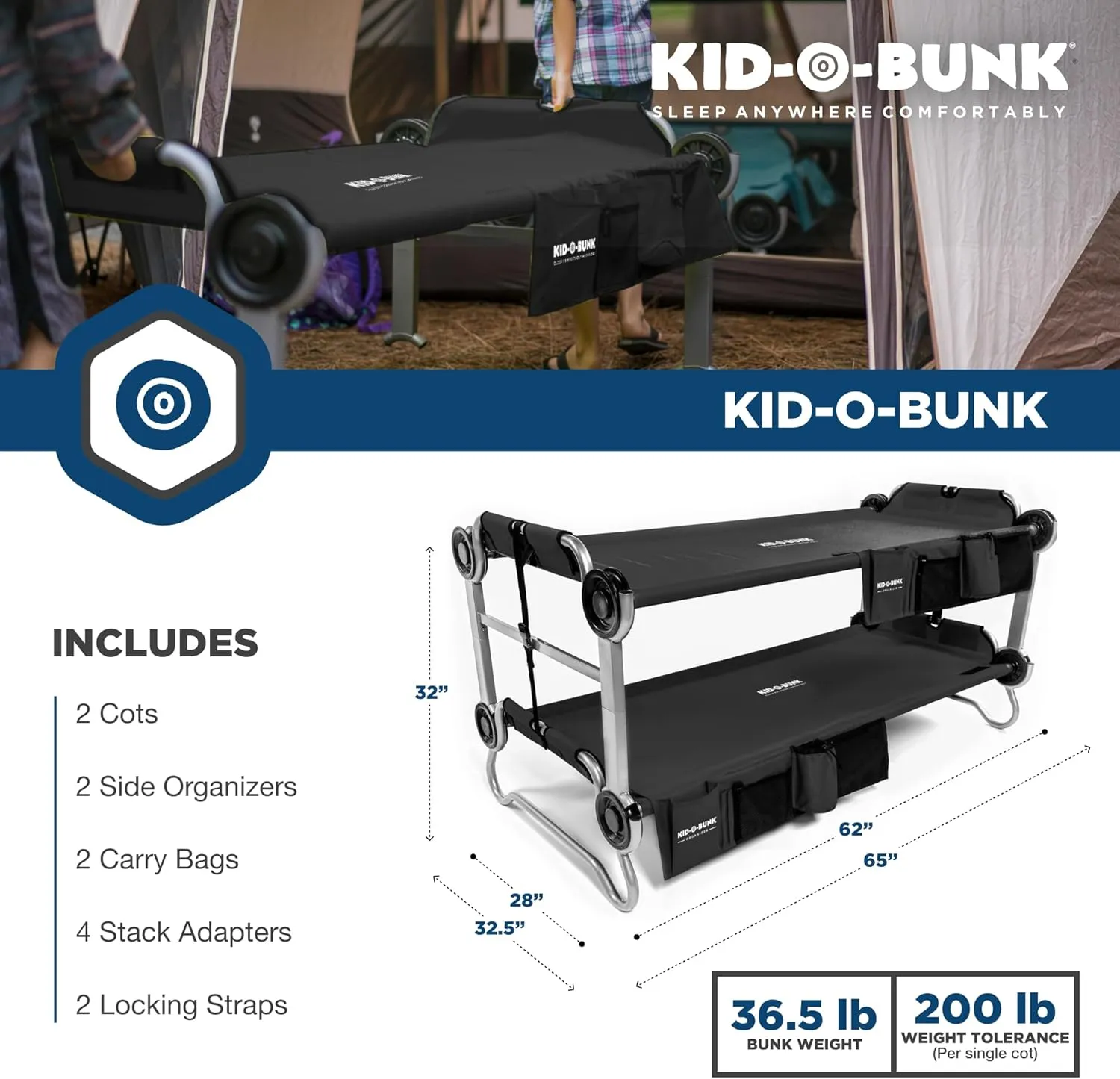 Disc-O-Bed Youth Double Cot Kid-O-Bunk, Modular for Bunk Beds, Dual Cots, or Bench with 2 Carry Bags for Portable Transport