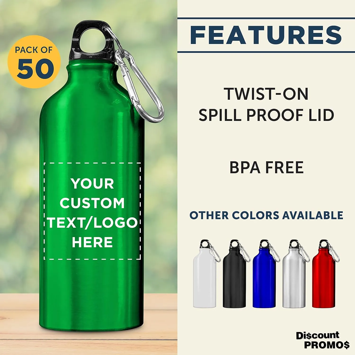 DISCOUNT PROMOS Custom Aluminum Water Bottles 20 oz. Set of 50, Personalized Bulk Pack - Perfect for Gym, Hiking, Any Indoor/Outdoor Activities - Green