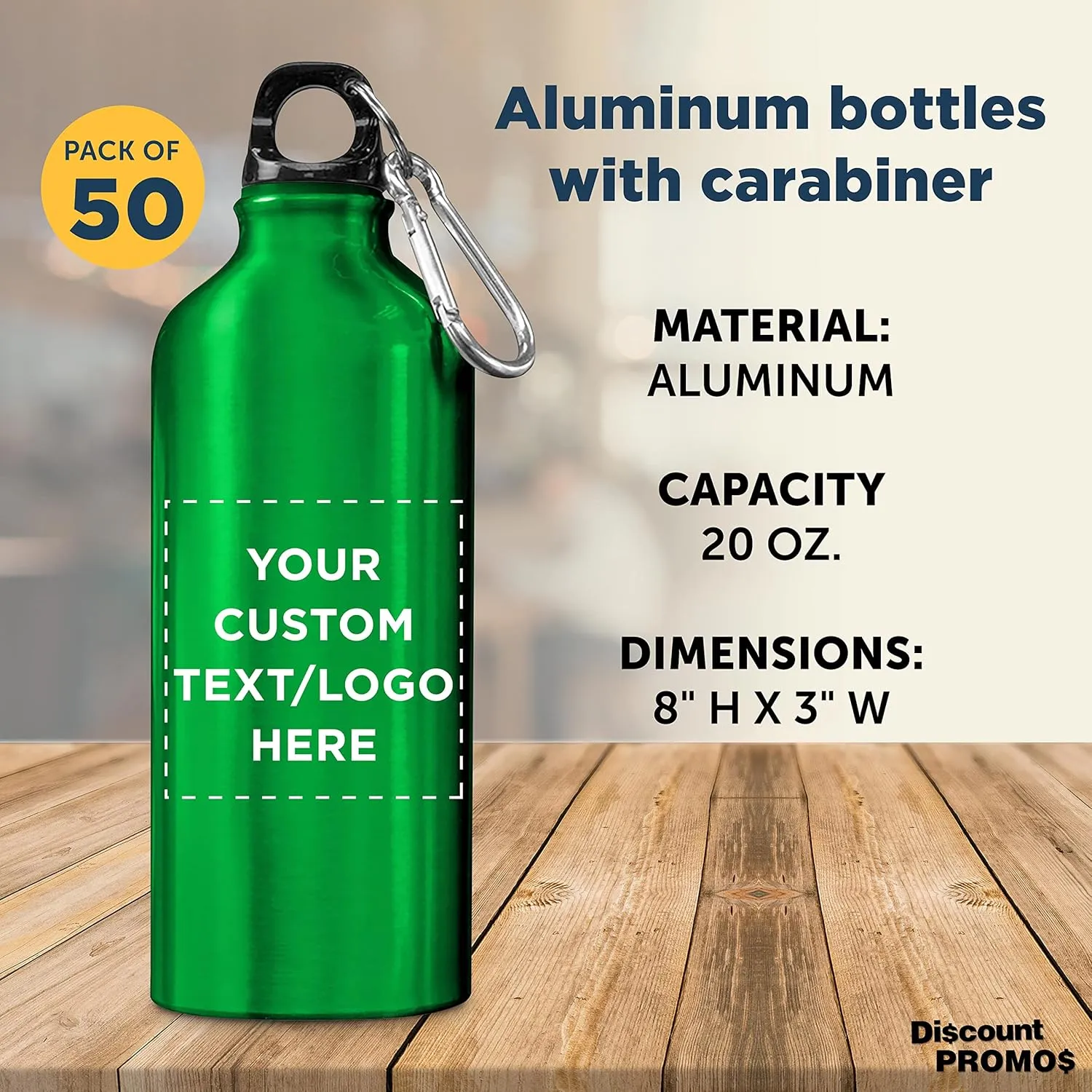 DISCOUNT PROMOS Custom Aluminum Water Bottles 20 oz. Set of 50, Personalized Bulk Pack - Perfect for Gym, Hiking, Any Indoor/Outdoor Activities - Green