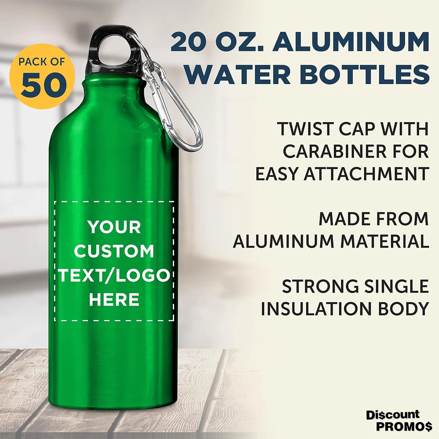 DISCOUNT PROMOS Custom Aluminum Water Bottles 20 oz. Set of 50, Personalized Bulk Pack - Perfect for Gym, Hiking, Any Indoor/Outdoor Activities - Green