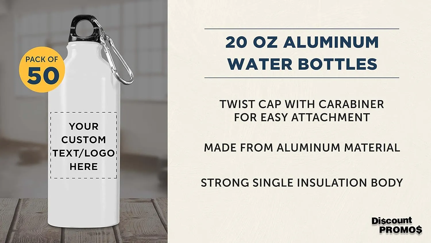 DISCOUNT PROMOS Custom Aluminum Water Bottles 20 oz. Set of 50, Personalized Bulk Pack - Perfect for Gym, Hiking, Any Indoor/Outdoor Activities - White