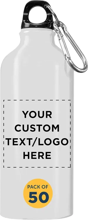 DISCOUNT PROMOS Custom Aluminum Water Bottles 20 oz. Set of 50, Personalized Bulk Pack - Perfect for Gym, Hiking, Any Indoor/Outdoor Activities - White