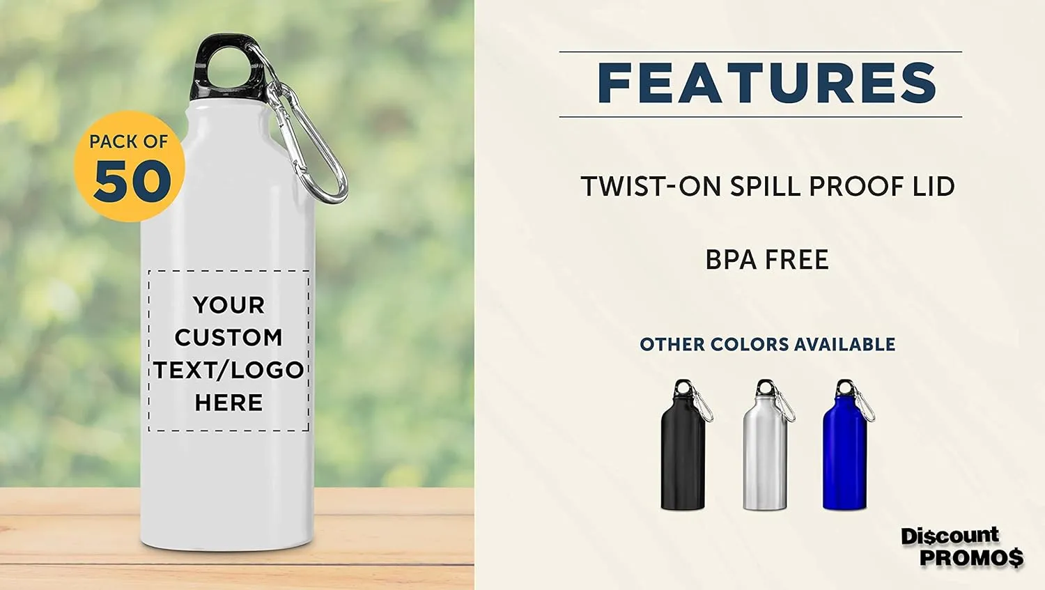 DISCOUNT PROMOS Custom Aluminum Water Bottles 20 oz. Set of 50, Personalized Bulk Pack - Perfect for Gym, Hiking, Any Indoor/Outdoor Activities - White