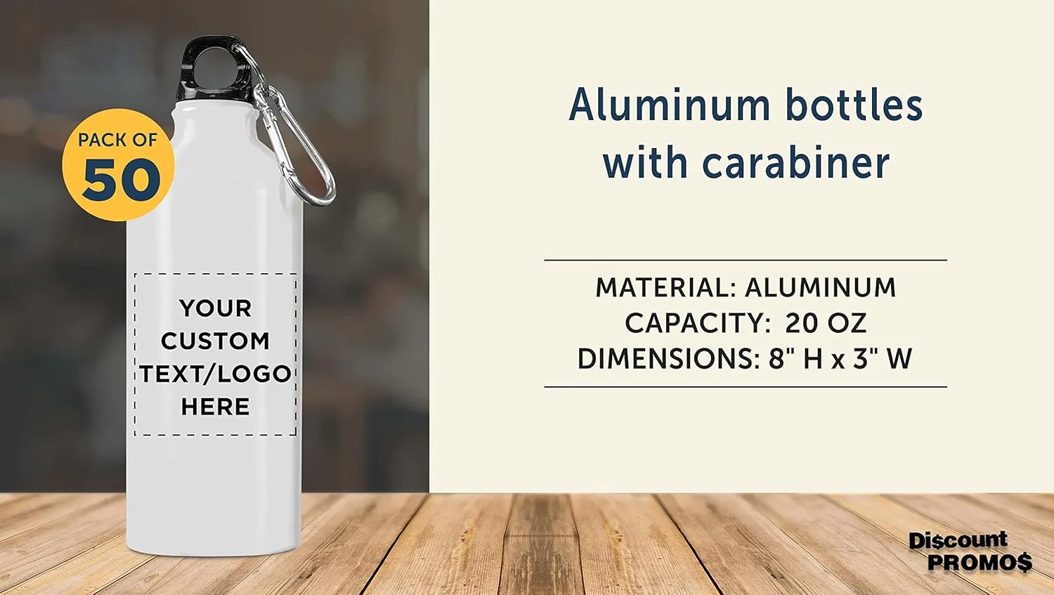 DISCOUNT PROMOS Custom Aluminum Water Bottles 20 oz. Set of 50, Personalized Bulk Pack - Perfect for Gym, Hiking, Any Indoor/Outdoor Activities - White