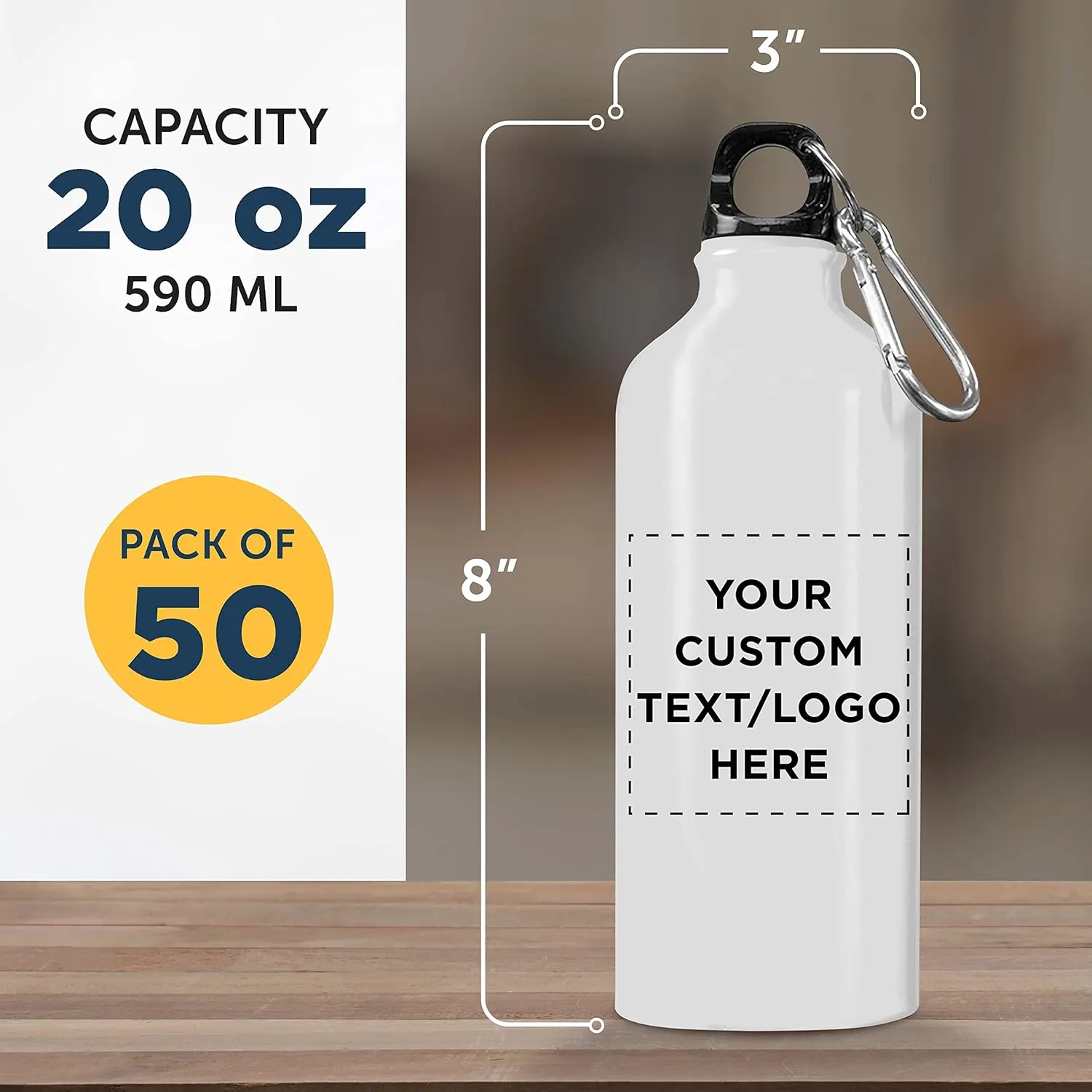 DISCOUNT PROMOS Custom Aluminum Water Bottles 20 oz. Set of 50, Personalized Bulk Pack - Perfect for Gym, Hiking, Any Indoor/Outdoor Activities - White