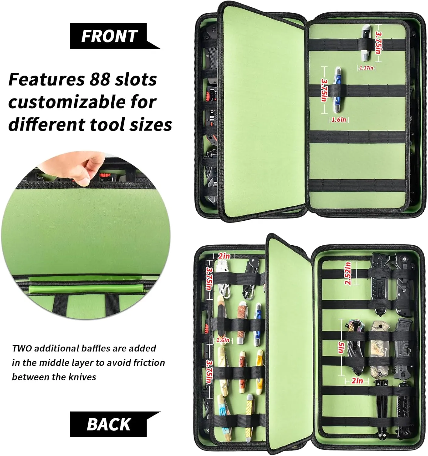 Display Case for 66  Pocket Knives. Folding Holder, Butterfly Storage Organizer, Roll Collection Pouch Carrier Bag for Survival Tactical Outdoor for EDC Mini Knife -Green