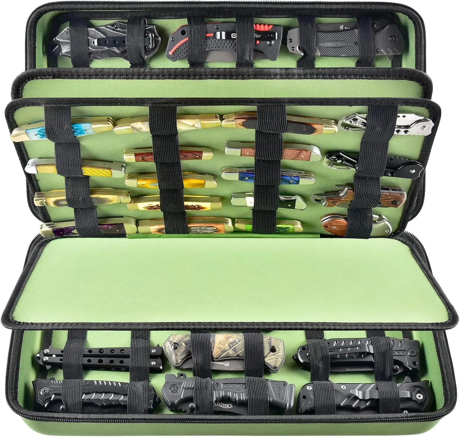 Display Case for 66  Pocket Knives. Folding Holder, Butterfly Storage Organizer, Roll Collection Pouch Carrier Bag for Survival Tactical Outdoor for EDC Mini Knife -Green