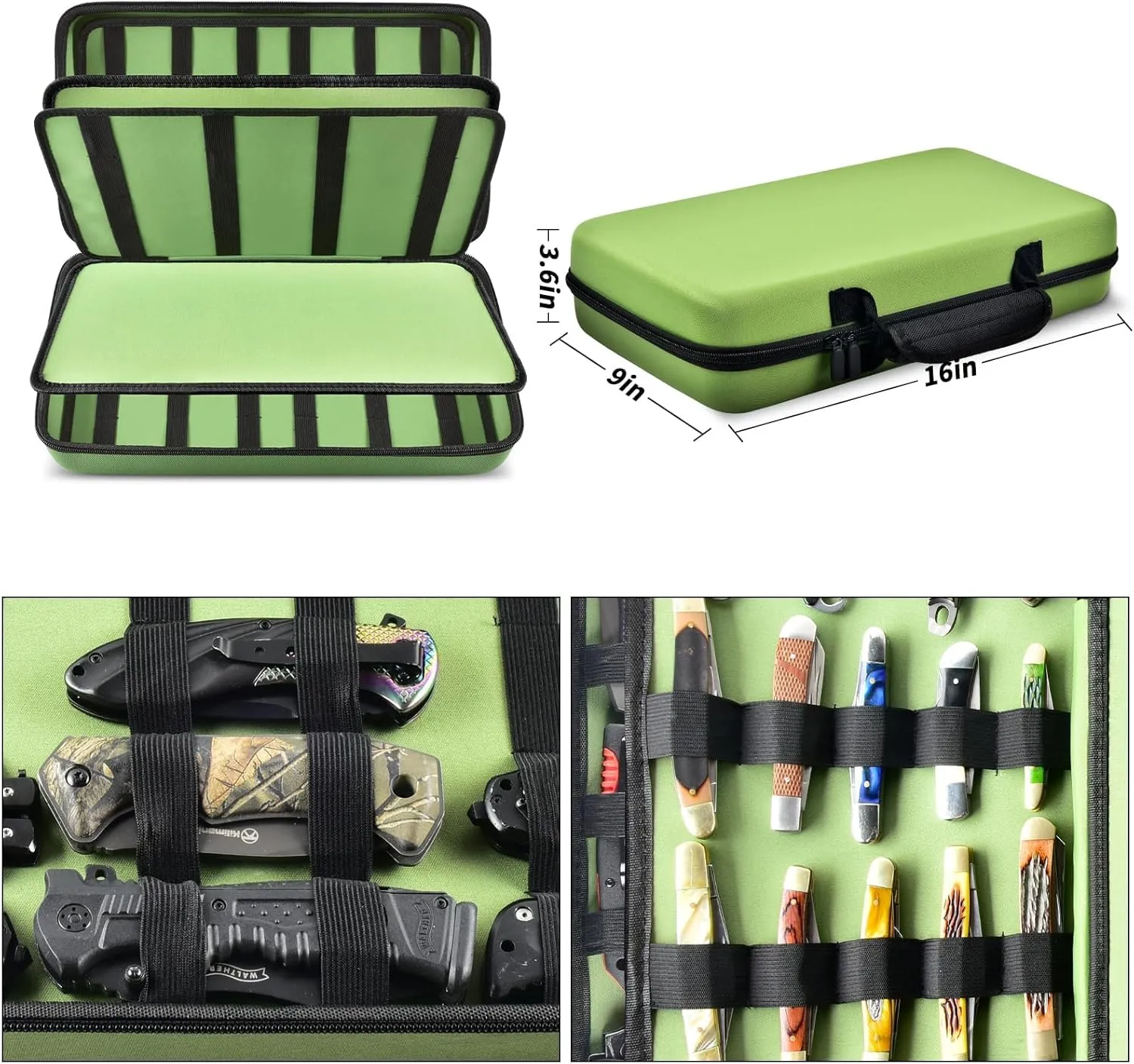 Display Case for 66  Pocket Knives. Folding Holder, Butterfly Storage Organizer, Roll Collection Pouch Carrier Bag for Survival Tactical Outdoor for EDC Mini Knife -Green