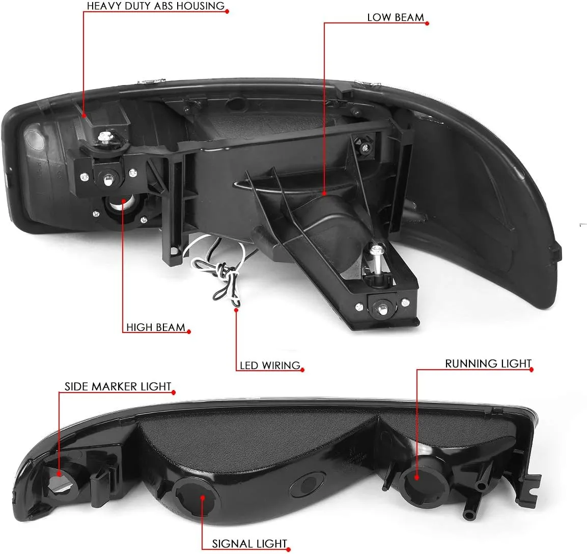 DNA MOTORING HL-LB2-SIERRA99-BK-CL1 Black Housing Bumper Lights Headlights With LED DRL Replacement Compatible with 99-06 Sierra