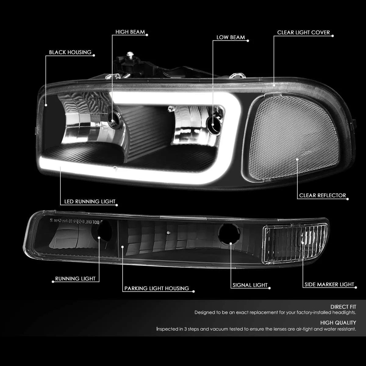 DNA MOTORING HL-LB2-SIERRA99-BK-CL1 Black Housing Bumper Lights Headlights With LED DRL Replacement Compatible with 99-06 Sierra