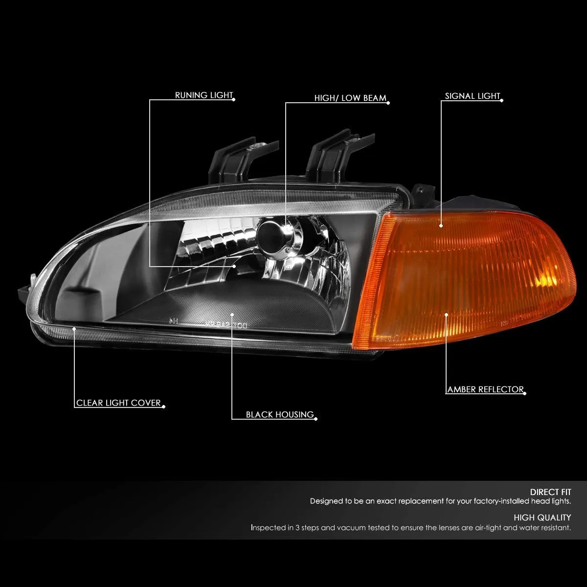 DNA Motoring HL-OH-HC922D-BK-CL1 Black Housing Factory Style Headlights Replacement For 92-95 Civic 2Dr 3Dr