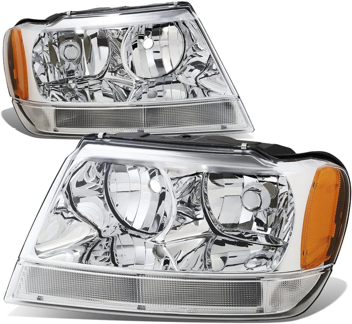 DNA Motoring HL-OH-JGC99-CH-AM Chrome Amber Headlights Assembly Replacement Compatible with 99-04 Jeep Grand Cherokee