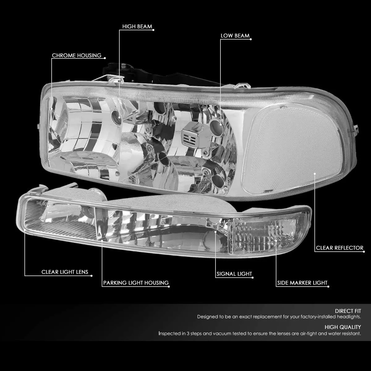 DNA MOTORING HL-OH-SIE994P-CH-CL1 Chrome Housing Clear Corner Headlights Compatible with 99-07 Sierra / 00-06 Yukon XL 1500 2500