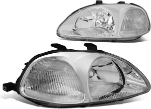 DNA MOTORING Pair Headlight Assembly Compatible With 1996-1998 Honda Civic, Chrome/Clear, HL-OH-HC96-CH-CL1