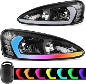 DNA MOTORING Pair of Headlights Compatible with 04-08 Pontiac Grand Prix, RGB 3D Light Bar, GM2502227, GM2503227, 10347163, 10347164, Black/Clear, HL-RGB-PGPR04-BK-CL1