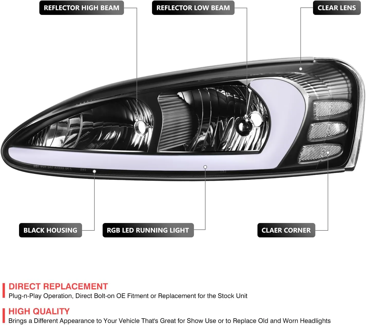 DNA MOTORING Pair of Headlights Compatible with 04-08 Pontiac Grand Prix, RGB 3D Light Bar, GM2502227, GM2503227, 10347163, 10347164, Black/Clear, HL-RGB-PGPR04-BK-CL1