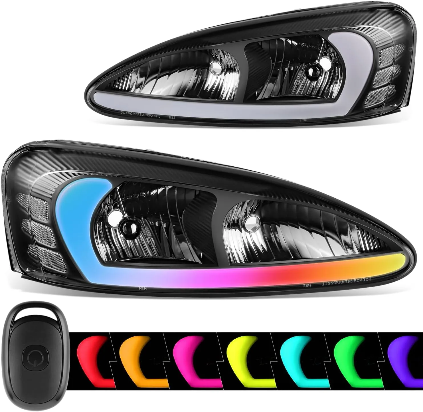 DNA MOTORING Pair of Headlights Compatible with 04-08 Pontiac Grand Prix, RGB 3D Light Bar, GM2502227, GM2503227, 10347163, 10347164, Black/Clear, HL-RGB-PGPR04-BK-CL1