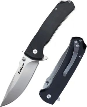 Doc Scurlock Folding Knife – 3.39” D2 Steel Blade, Black G10 Handle, Button Lock, Stone Wash Finish – Tactical EDC Pocket Knife
