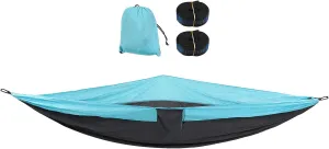 Double Hammock 210t Nylon Camping Swing Steel Buckle Indoor Outdoor Hanging Bed 2 Person (Sky Blue and Dark Grey)
