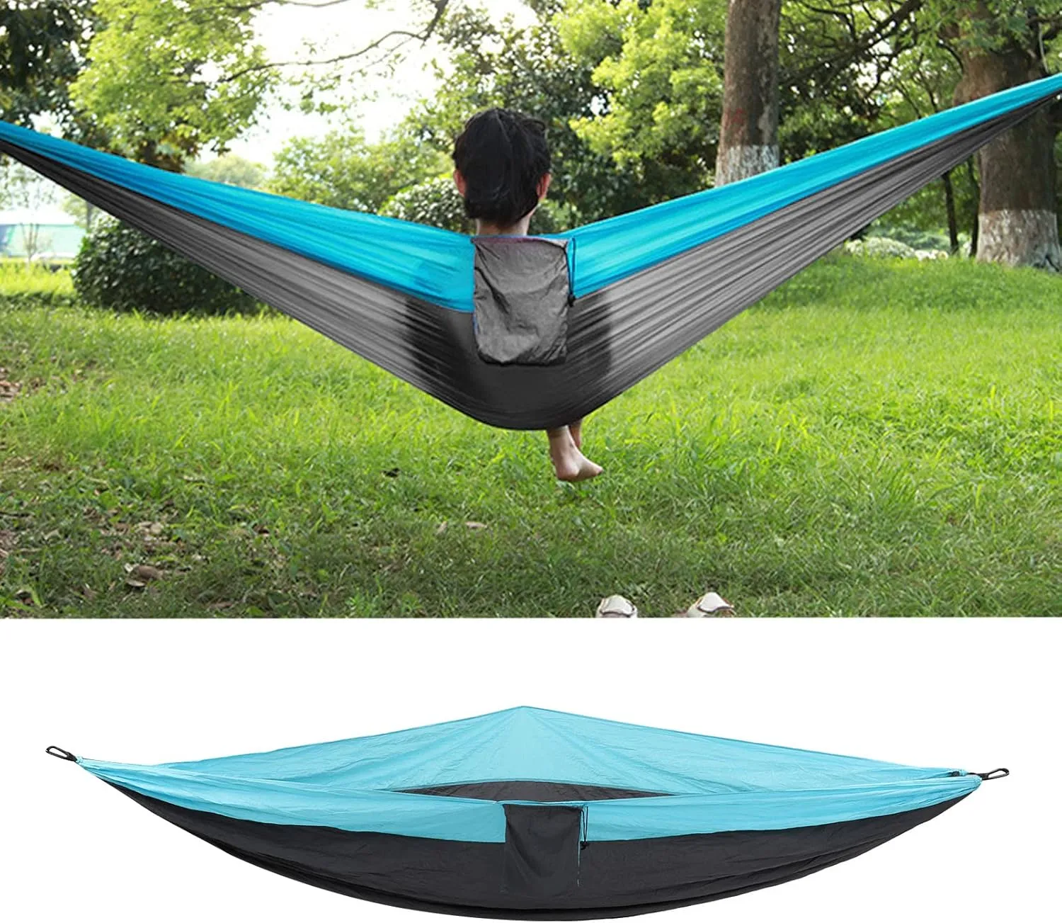 Double Hammock 210t Nylon Camping Swing Steel Buckle Indoor Outdoor Hanging Bed 2 Person (Sky Blue and Dark Grey)