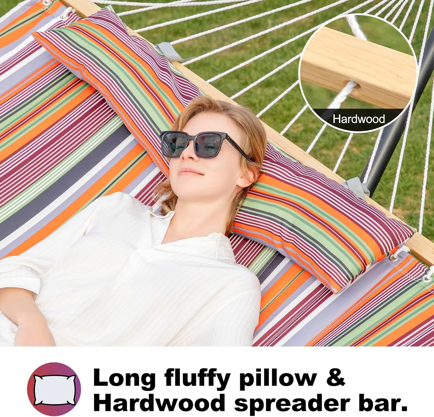 Double Quilted Fabric Hammock with Spreader Bar, Fit 12-14ft Hammock Stand, 2 Person 14ft Hammocks for Outside, Large Removable Pillow Storage Bag, Carabiner, Max 475 lbs Capacity (Classic Red)