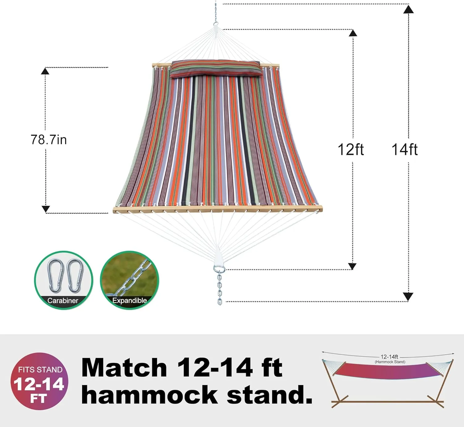 Double Quilted Fabric Hammock with Spreader Bar, Fit 12-14ft Hammock Stand, 2 Person 14ft Hammocks for Outside, Large Removable Pillow Storage Bag, Carabiner, Max 475 lbs Capacity (Classic Red)