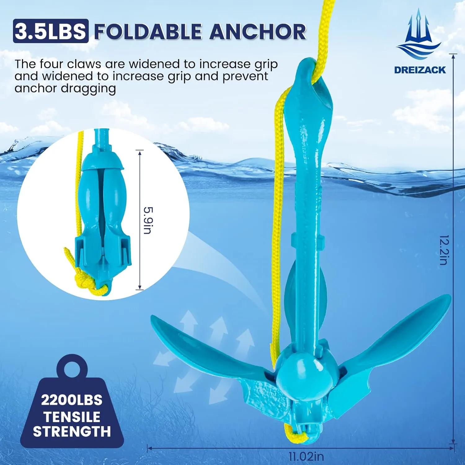 Dreizack Kayak Anchor Kit, 3.5 lb Folding Grapnel Boat Anchor Trolley Accessories with 40ft Rope and PVC Buoy for Fishing Kayaks SUP Paddle Boards Canoes Jet Ski PWC Inflatable Small Boats