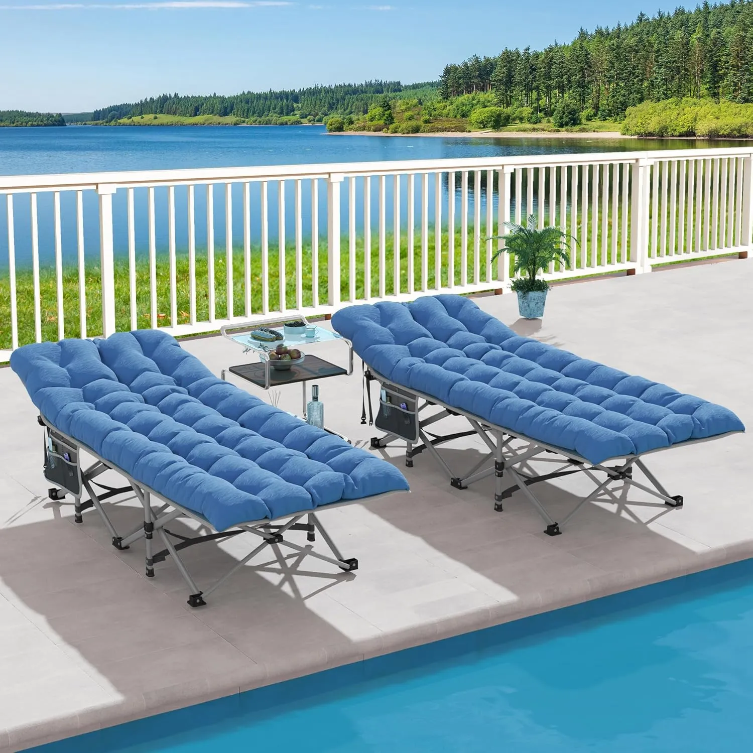DWVO 2PCS Camping Cots Portable Recliner Lounge Chair w/Mattress Outdoor Folding Cot Heavy Duty 575 LB Capacity 1200D Oxford w/Carry Bag Travel Camp Bed for Camping, Office, Traveling, Navy Blue