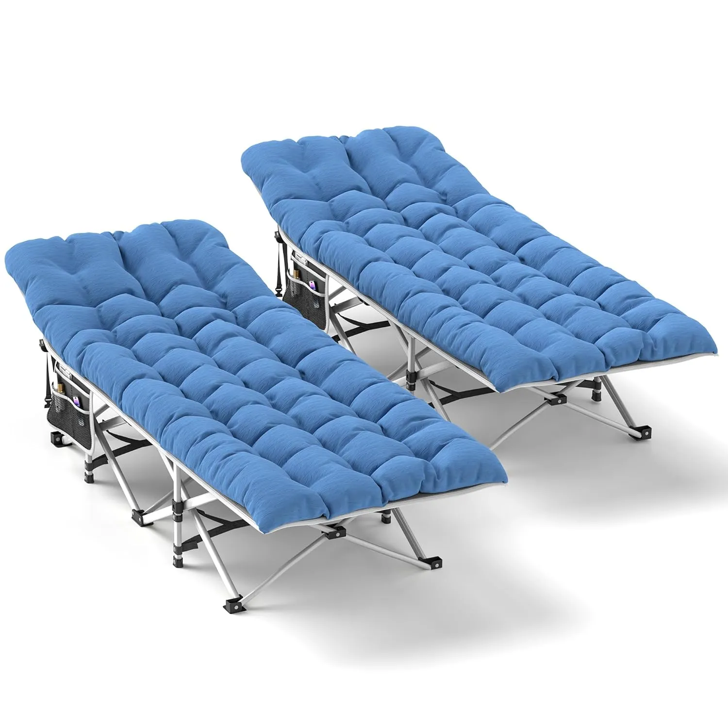 DWVO 2PCS Camping Cots Portable Recliner Lounge Chair w/Mattress Outdoor Folding Cot Heavy Duty 575 LB Capacity 1200D Oxford w/Carry Bag Travel Camp Bed for Camping, Office, Traveling, Navy Blue