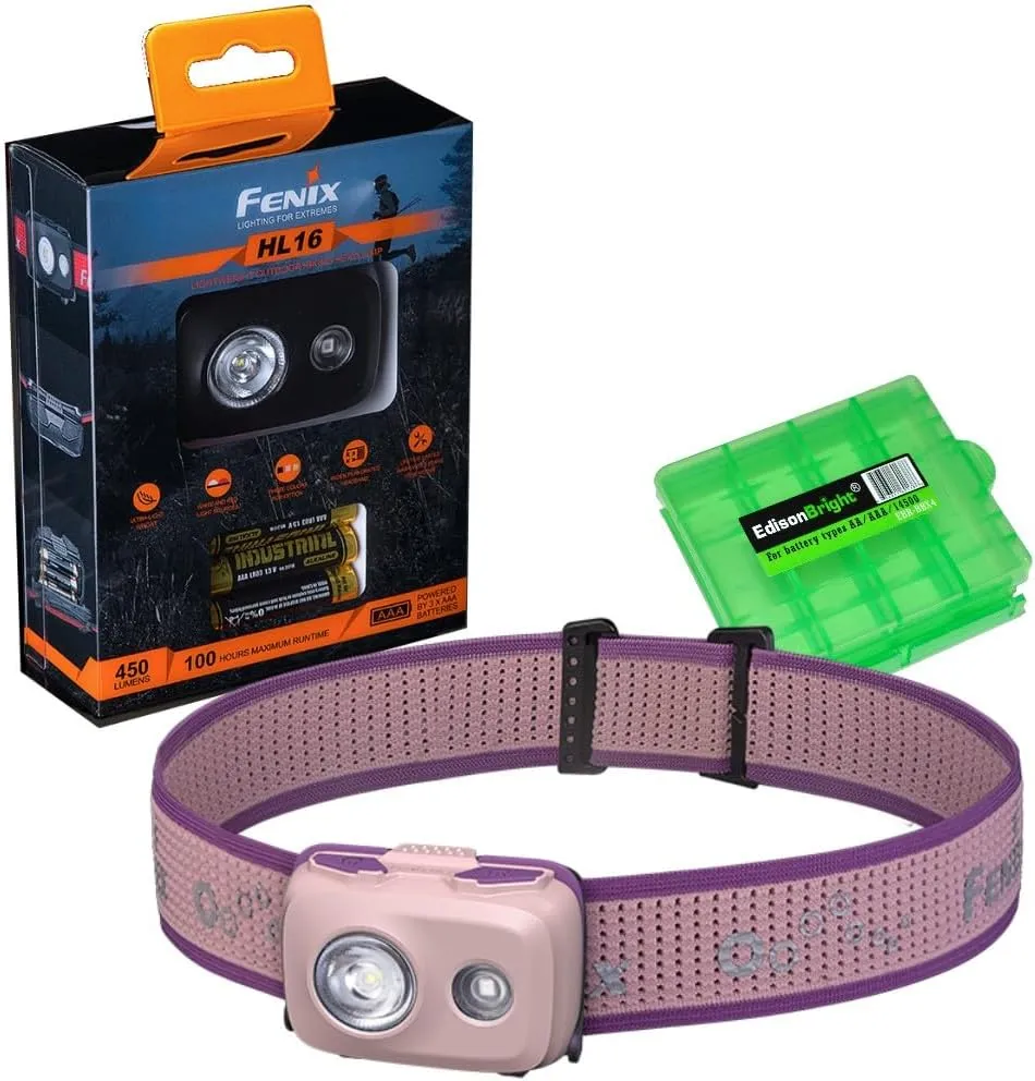 EdisonBright Fenix HL16 450 Lumen Light Weight AAA Battery powerd Hiking/Camping/Jogging headlamp Battery Carrying case (Pink)