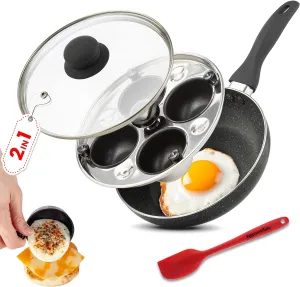 Eggssentials 2 IN 1 Egg Pan & Egg Poacher Pan, Granite Nonstick Fry Pan Poached Egg Maker and Frying Skillet with Lid, Poached Eggs Cooker Food Grade Safe PFOA Free with Spatula, Egg Cookware - 4 Cups