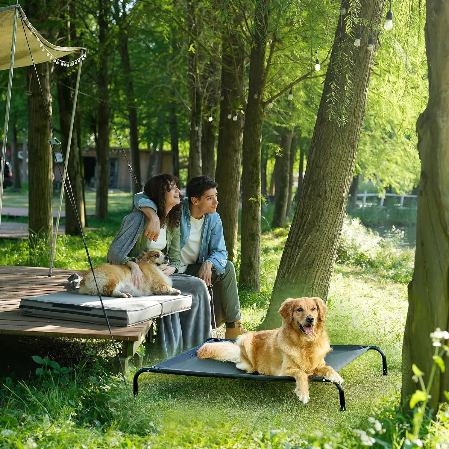 EHEYCIGA Elevated XL Dog Cot Bed, Raised Outdoor Dog Hammock for Extra Large XLarge Dogs, Lifted Pet Platform with Frame and Washable Waterproof Cooling Teslin Mesh and Anti-Slip Feet, 48x32 inch