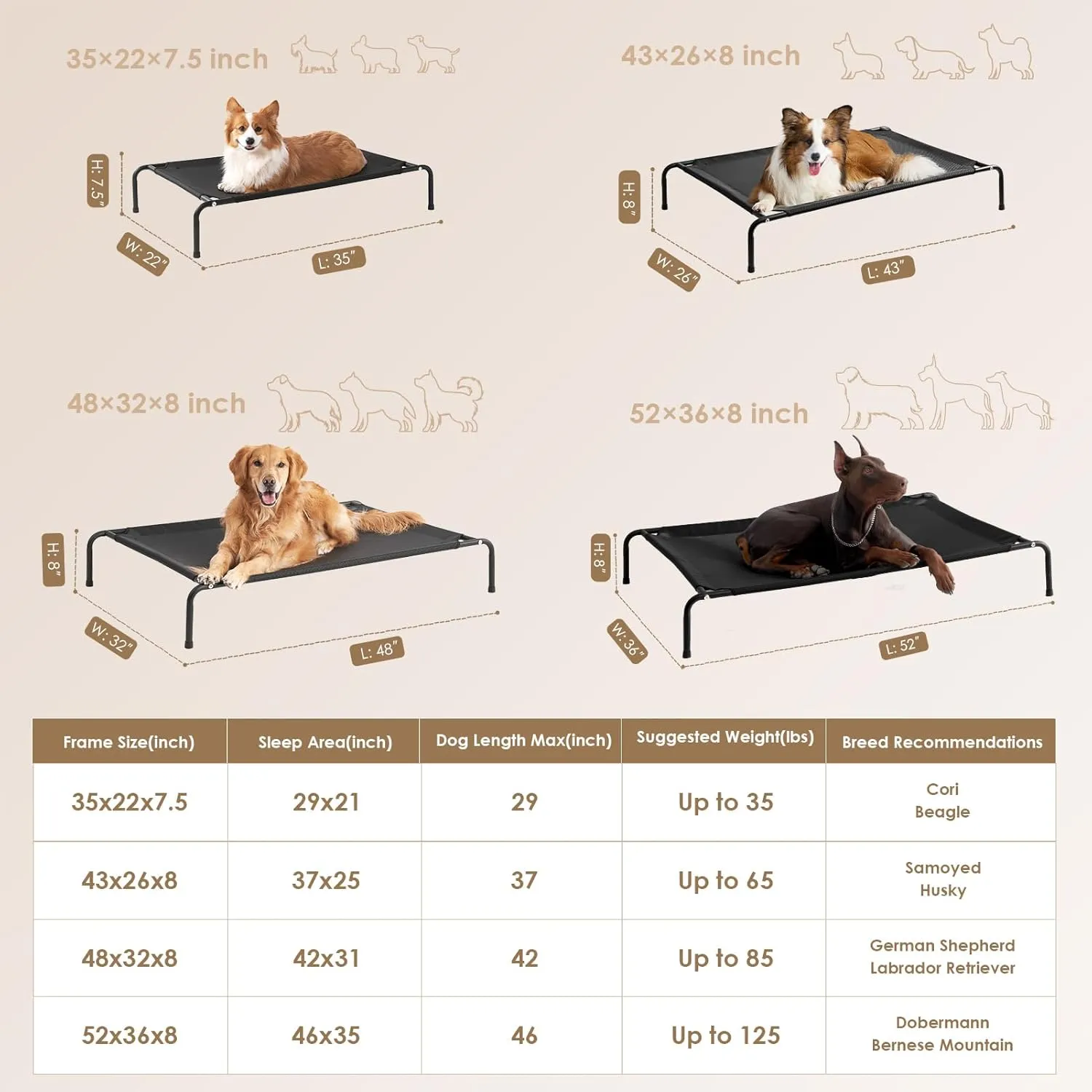 EHEYCIGA Elevated XL Dog Cot Bed, Raised Outdoor Dog Hammock for Extra Large XLarge Dogs, Lifted Pet Platform with Frame and Washable Waterproof Cooling Teslin Mesh and Anti-Slip Feet, 48x32 inch