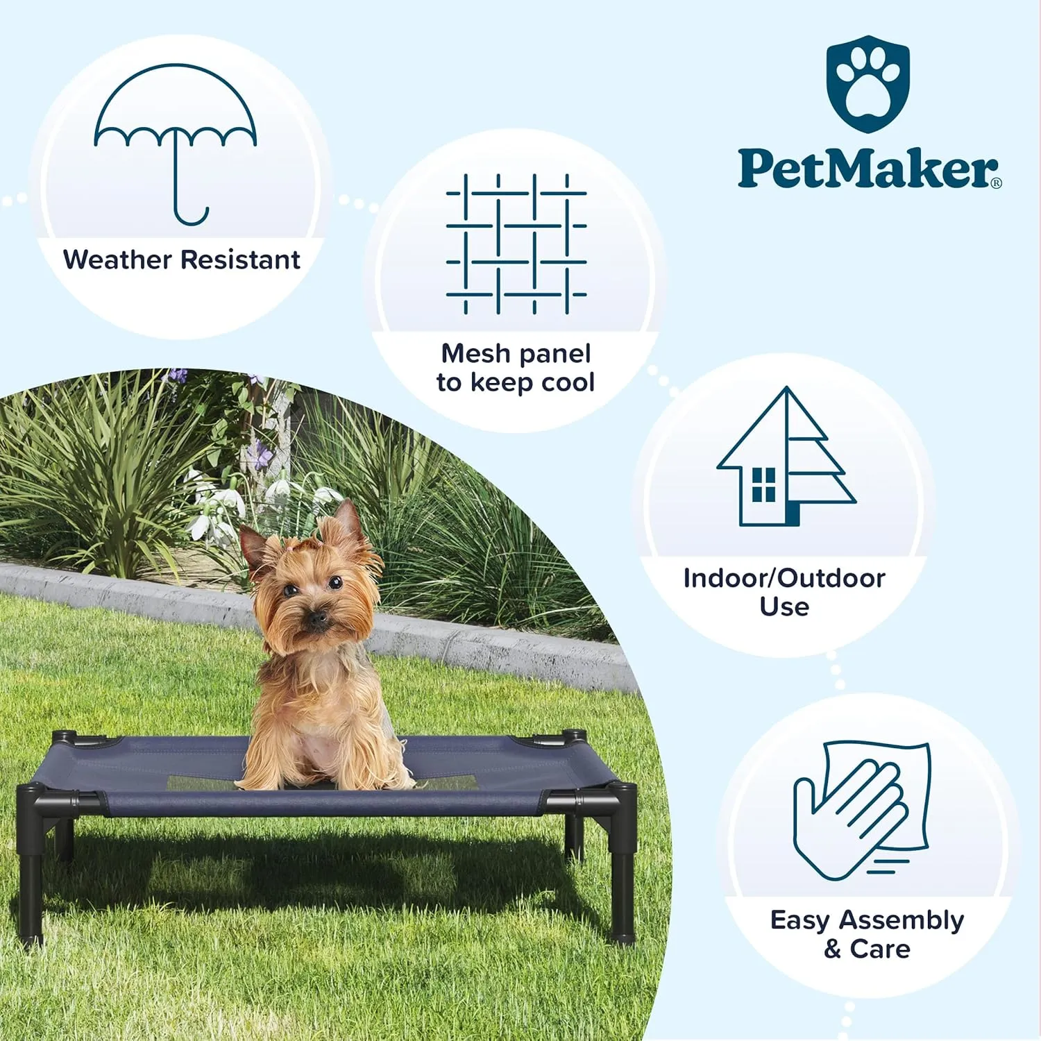 Elevated Dog Bed - 24.5x18.5-Inch Portable Pet Bed with Non-Slip Feet - Indoor/Outdoor Dog Cot or Puppy Bed for Pets up to 25lbs by PETMAKER (Blue)