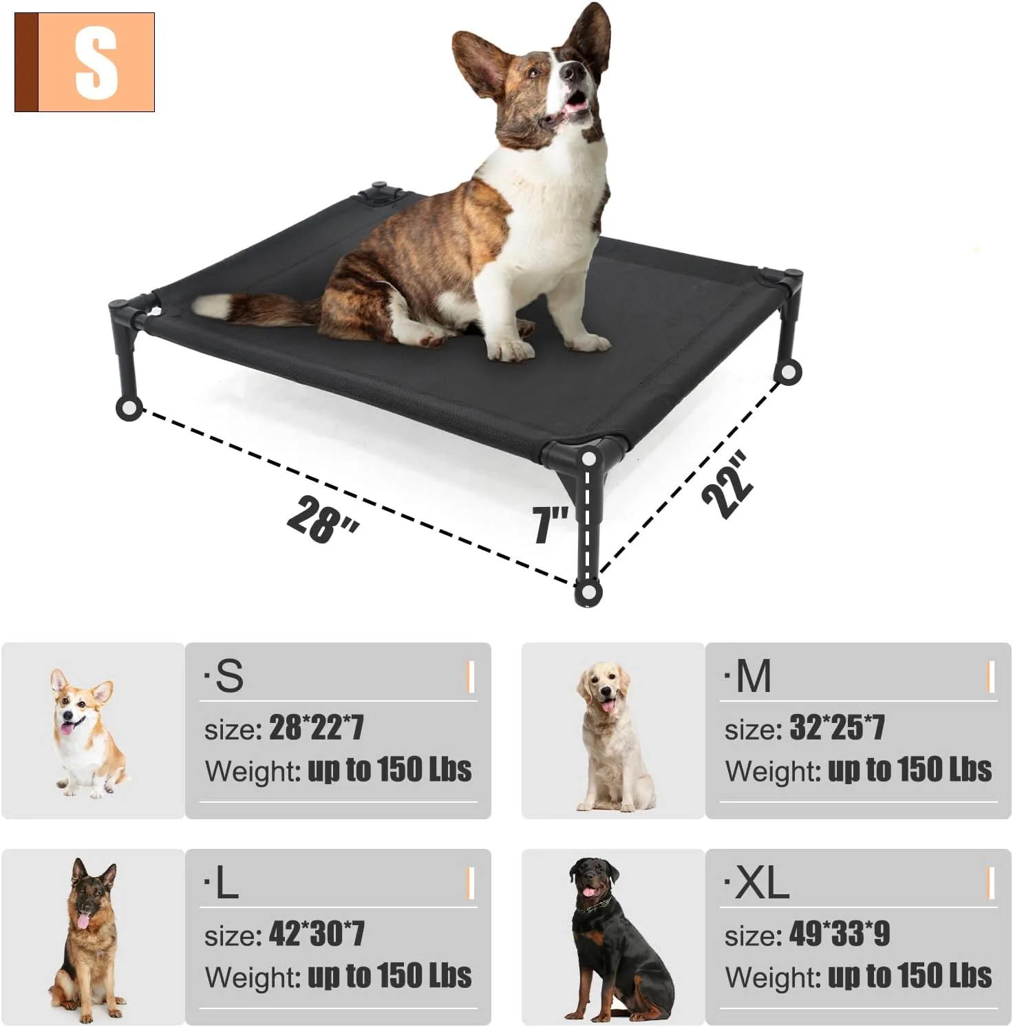 Elevated Dog Bed - Raised Dog Cot Fits Up to 150 LBs, Heavy Duty Pet Cot with Durable Supportive Mesh, Indoor & Outdoor, Black