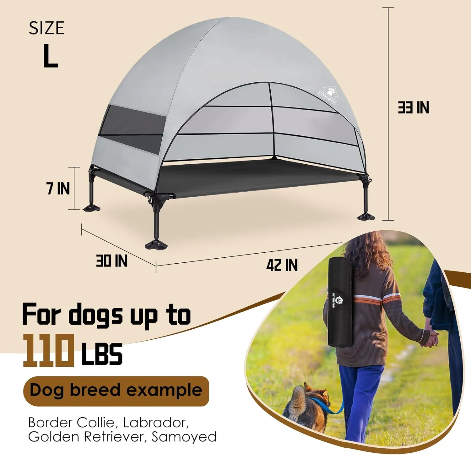 Elevated Dog Bed with Upgraded Canopy, Raised Outdoor Dog Tent with Powerful Anti-Slip Feet, Portable Pet Cot with Larger Shade, Raised Cooling Bed for Camping, Backyard, Beach, Poolside