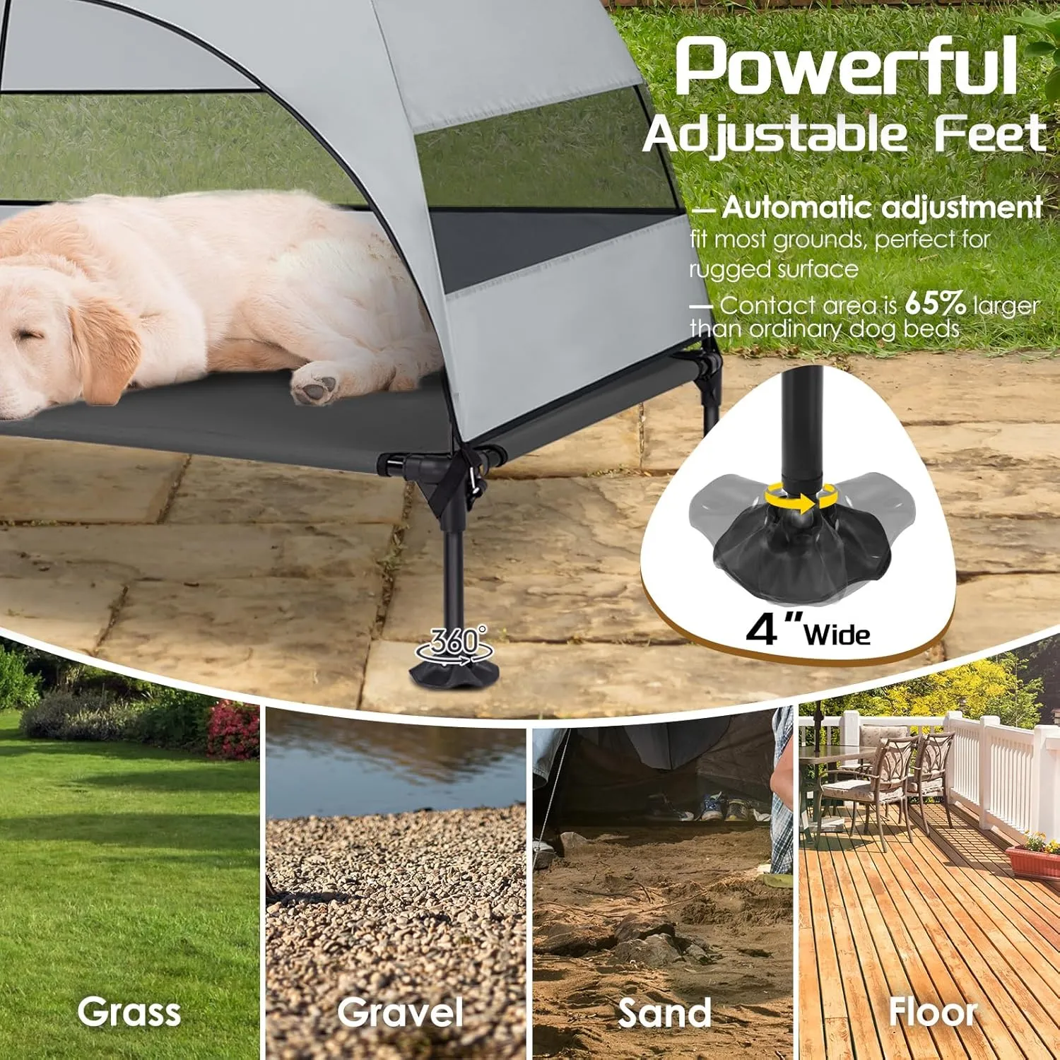 Elevated Dog Bed with Upgraded Canopy, Raised Outdoor Dog Tent with Powerful Anti-Slip Feet, Portable Pet Cot with Larger Shade, Raised Cooling Bed for Camping, Backyard, Beach, Poolside