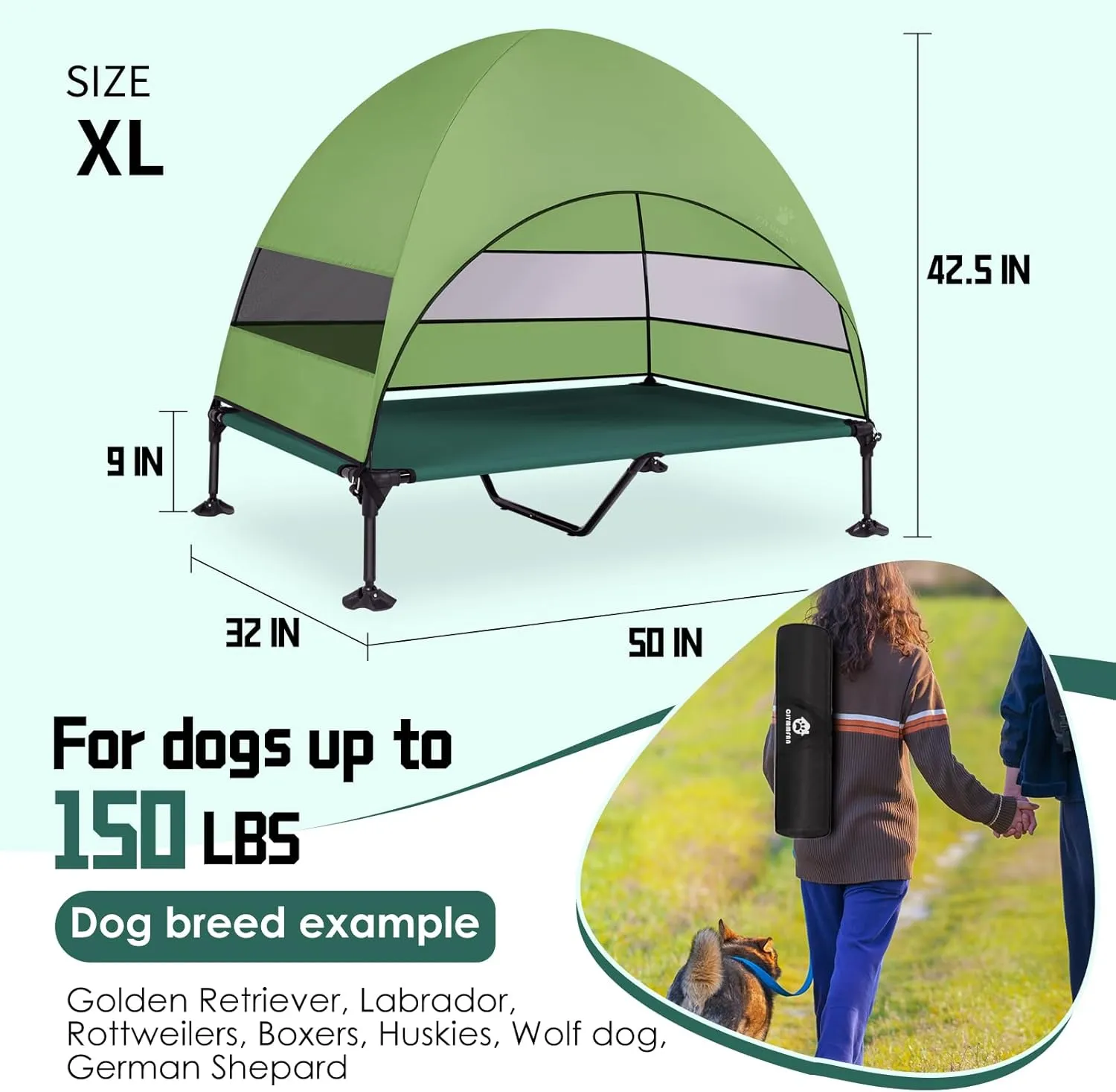 Elevated Dog Bed with Upgraded Canopy, Raised Outdoor Dog Tent with Powerful Anti-Slip Feet, Portable Pet Cot with Larger Shade, Raised Cooling Bed for Camping, Backyard, Beach, Poolside