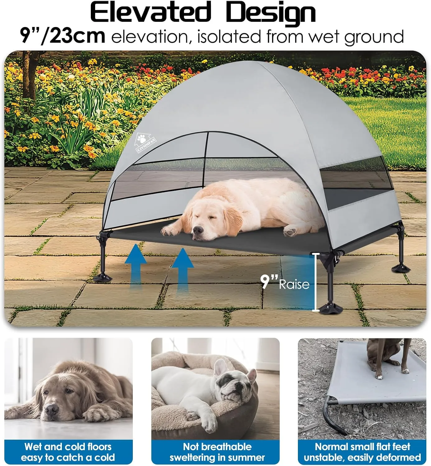 Elevated Dog Bed with Upgraded Canopy, Raised Outdoor Dog Tent with Powerful Anti-Slip Feet, Portable Pet Cot with Larger Shade, Raised Cooling Bed for Camping, Backyard, Beach, Poolside