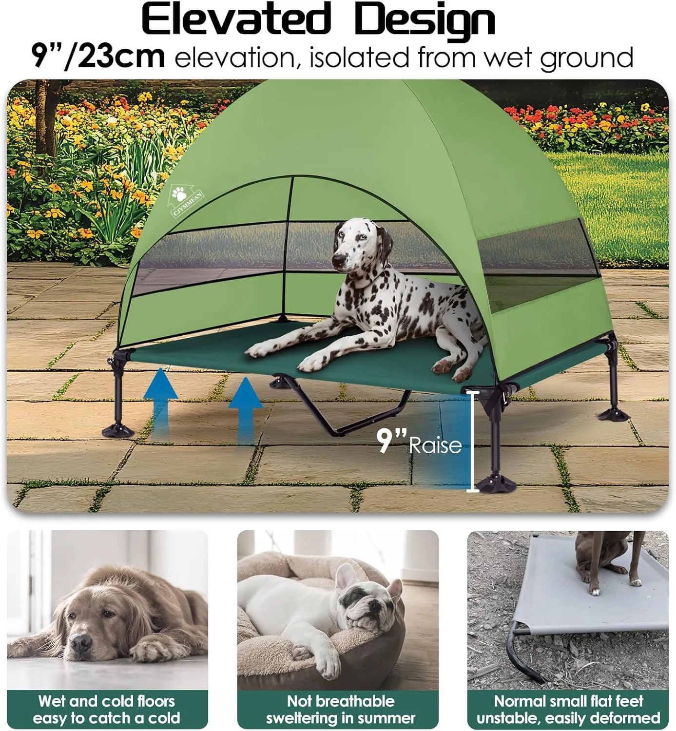 Elevated Dog Bed with Upgraded Canopy, Raised Outdoor Dog Tent with Powerful Anti-Slip Feet, Portable Pet Cot with Larger Shade, Raised Cooling Bed for Camping, Backyard, Beach, Poolside