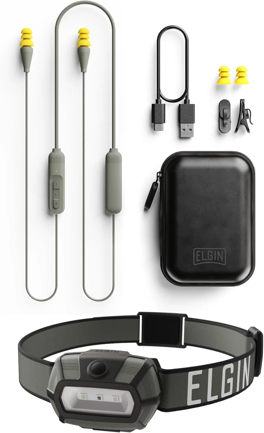 Elgin Discord Bluetooth Earplug Earbuds & Thunder-Scout Headlamp Bundle, OSHA Compliant Noise-Isolating Wireless Headphones and 200 Lumen LED Headlight, Weatherproof for Camping and Industrial Work