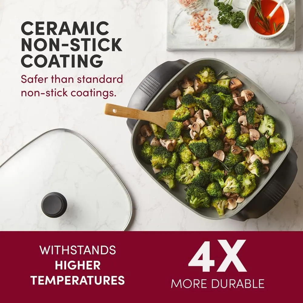 Elite Gourmet EG2212 12"x12"x2.15” Ceralast™ PFAS Free Ceramic Electric Skillet, Dishwasher Safe, Rapid Heat Up, 1200W, Dark Grey