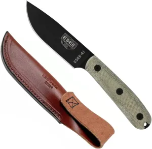 ESEE Authentic Model 4HM Fixed Blade Knife, Black Powder Blade, Micarta Handle, Leather Sheath