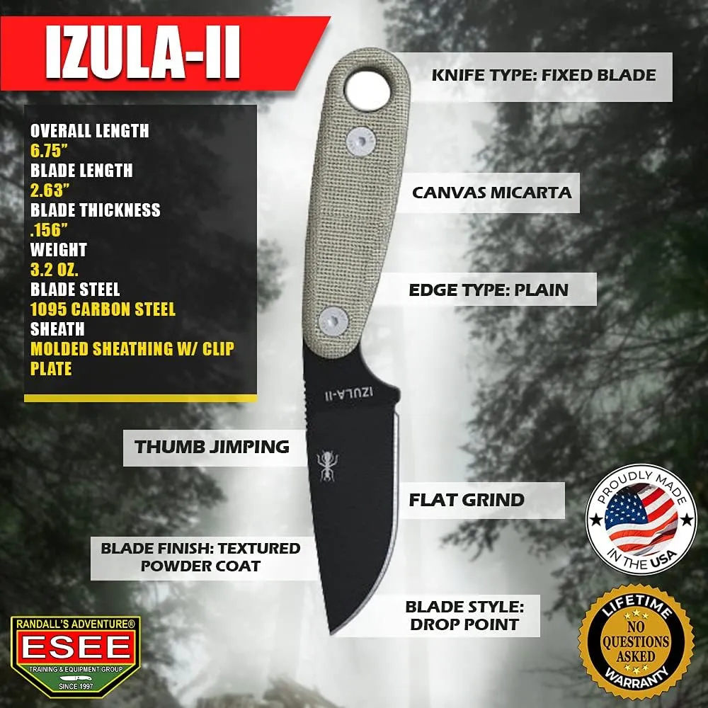 ESEE Knives Izula-II Fixed Blade Knife, Micarta Handle, Molded Sheath, Clip Plate (Black)