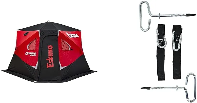 Eskimo Outbreak 450XD Pop-up Portable Insulated Ice Fishing Shelter, 75 sq ft. Fishable Area, 4-5 Person,Red/Black & 24260 Deluxe Shelter Tie Down Kit