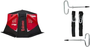 Eskimo Outbreak 450XD Pop-up Portable Insulated Ice Fishing Shelter, 75 sq ft. Fishable Area, 4-5 Person,Red/Black & 24260 Deluxe Shelter Tie Down Kit