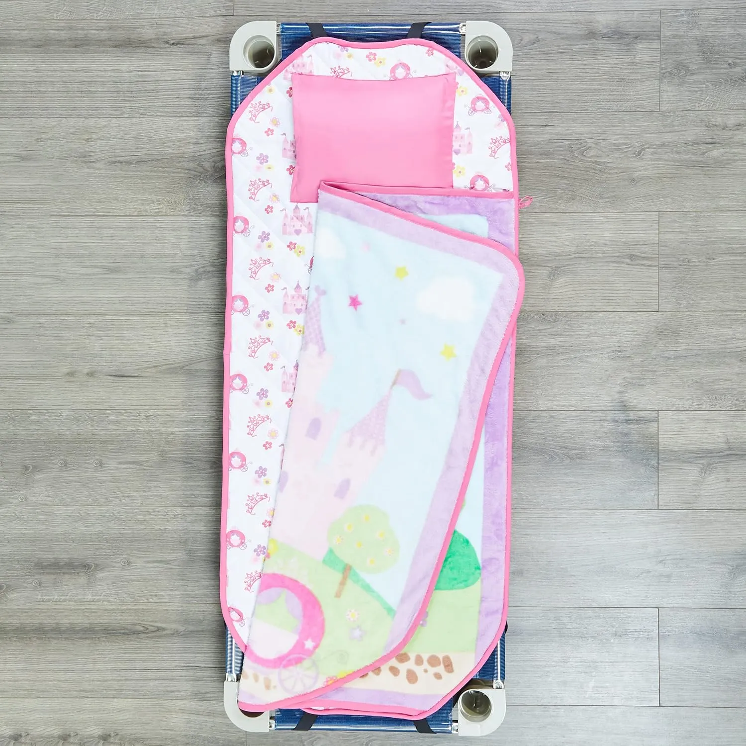 EVERYDAY KIDS Cute Preschooler and Toddler Cot Nap Mat for Home, Daycare, Preschool and Kindergarten; Easy to Roll Sleeping Mat with Elastic Straps, Pillow and Blanket