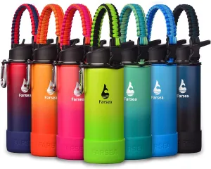 Farsea Insulated Water Bottle With Paracord Handle, Protective Silicone Boot and 2 Lids (Straw Lid & Spout Lid), Stainless Steel Water Bottle Wide Mouth, Double Wall Sweat-Proof BPA-Free, 18 oz